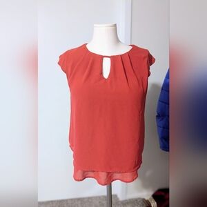 Monteau Terracotta Red Cap Sleeve Pleated Neck Sheer Crepe Blouse Med.